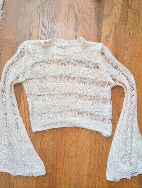 Love Sense Women's Medium Cream Open-Knit Bell Sleeve Sweater